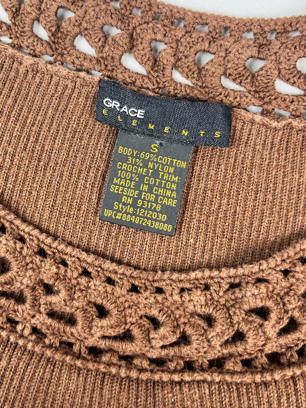 Vintage Y2K Grace Elements Brown Ribbed Tank Crochet Trim Bohemian Cottagecore - Picture 5 of 8